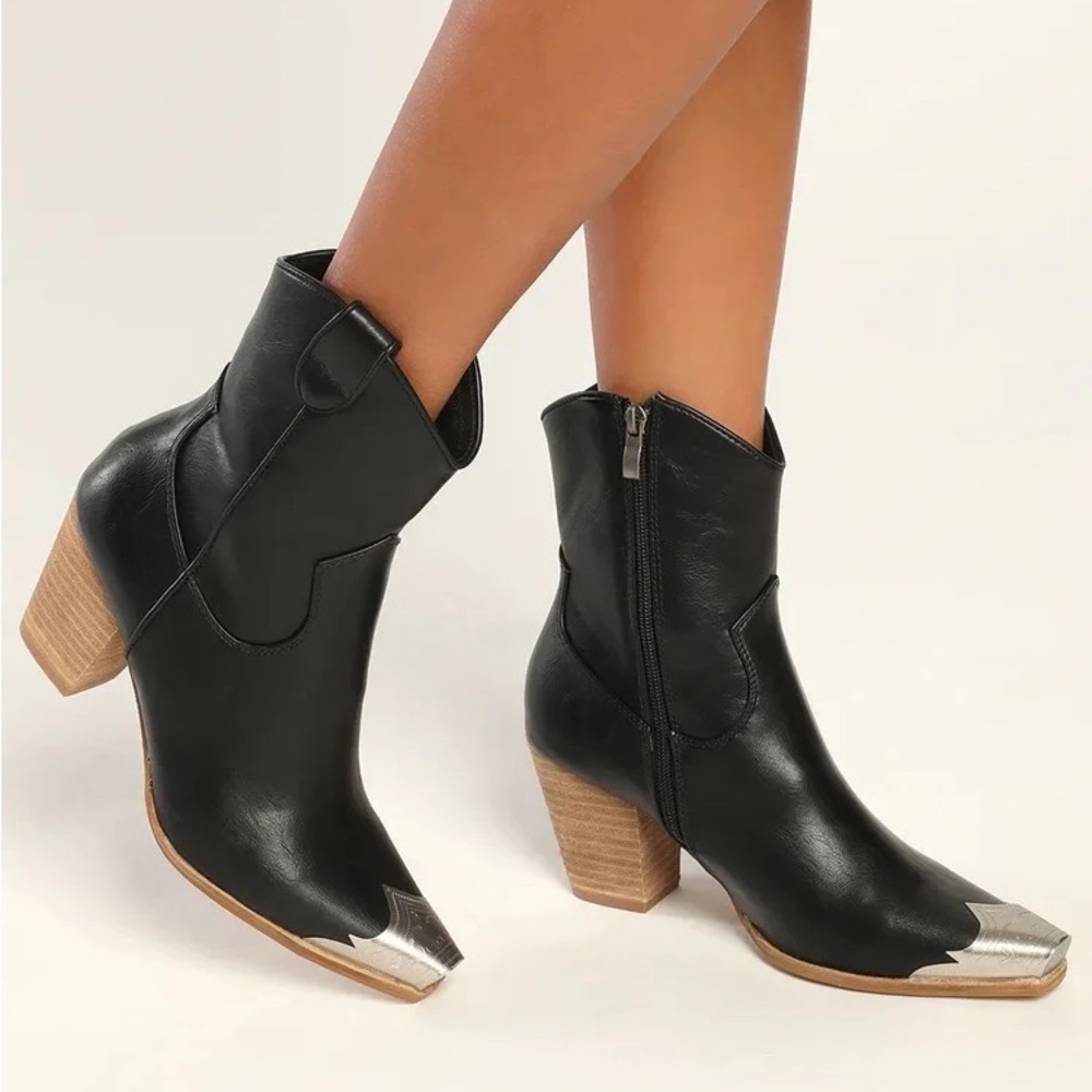 Black Leather Ankle Boots with Silver Accents